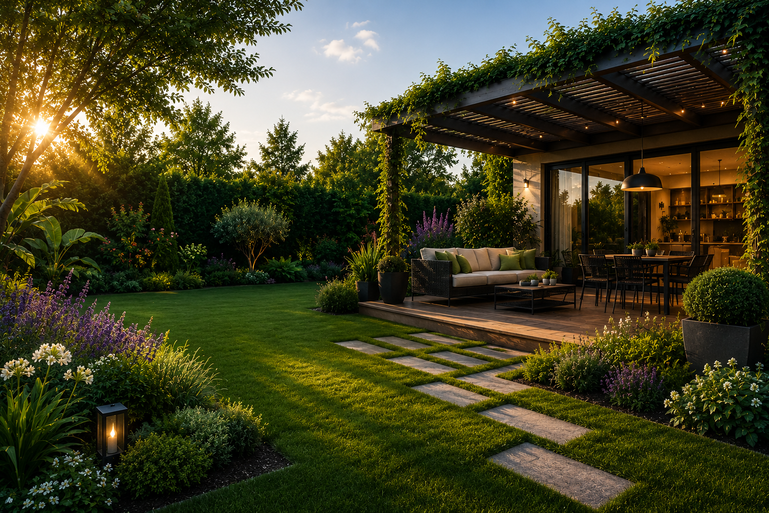 Jardín moderno con terraza y vegetación al atardecer