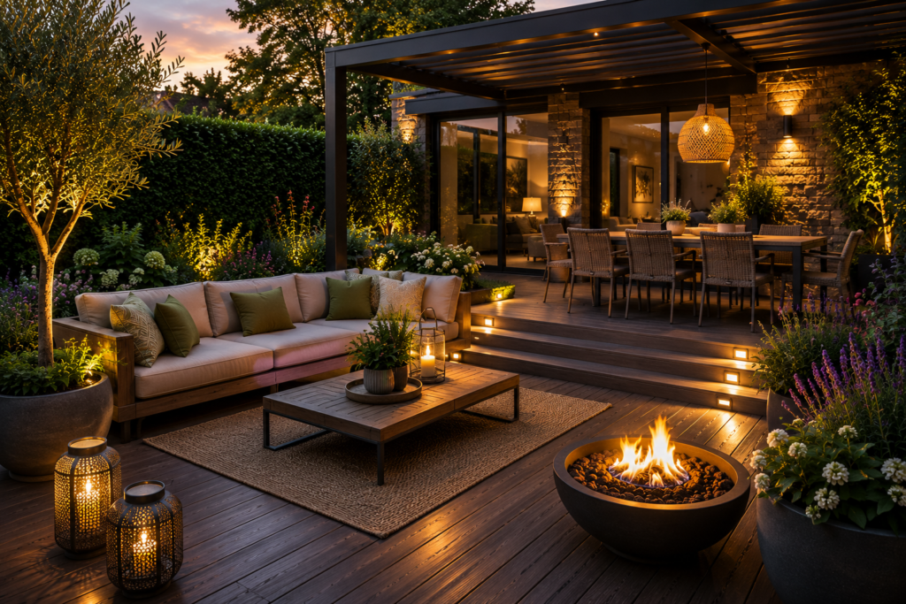 Terraza ajardinada con mobiliario e iluminación exterior