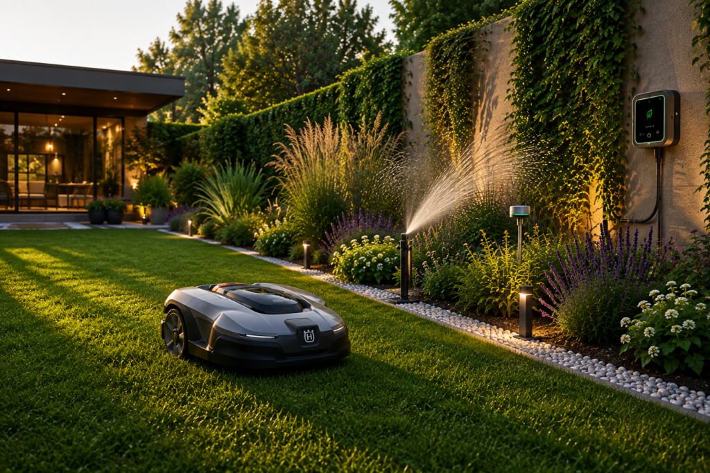 Robot cortacésped y riego automático en un jardín
