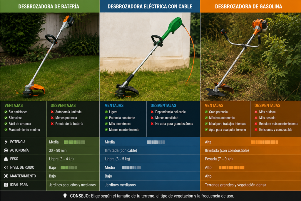 Comparativa de desbrozadora de batería, eléctrica con cable y gasolina