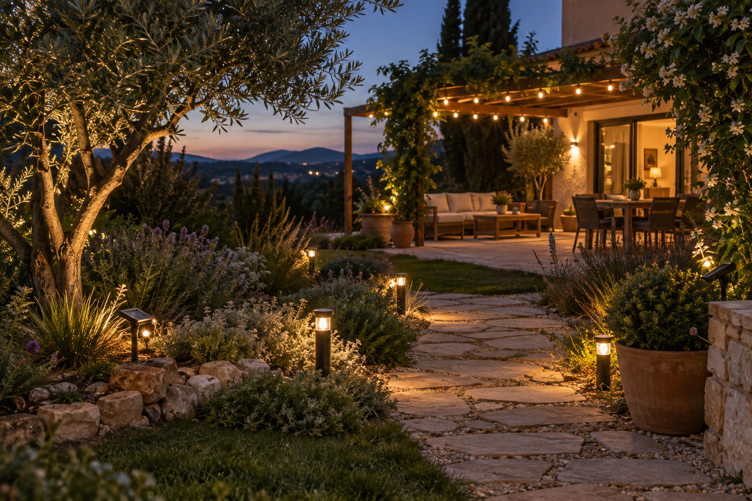 Jardín y terraza iluminados con luces solares al anochecer