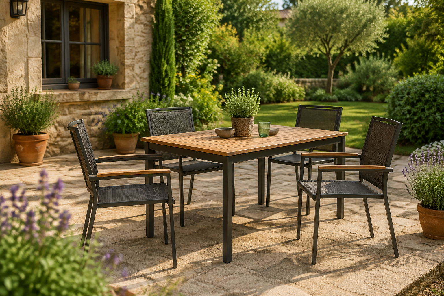 Mesa y sillas de exterior en una terraza ajardinada