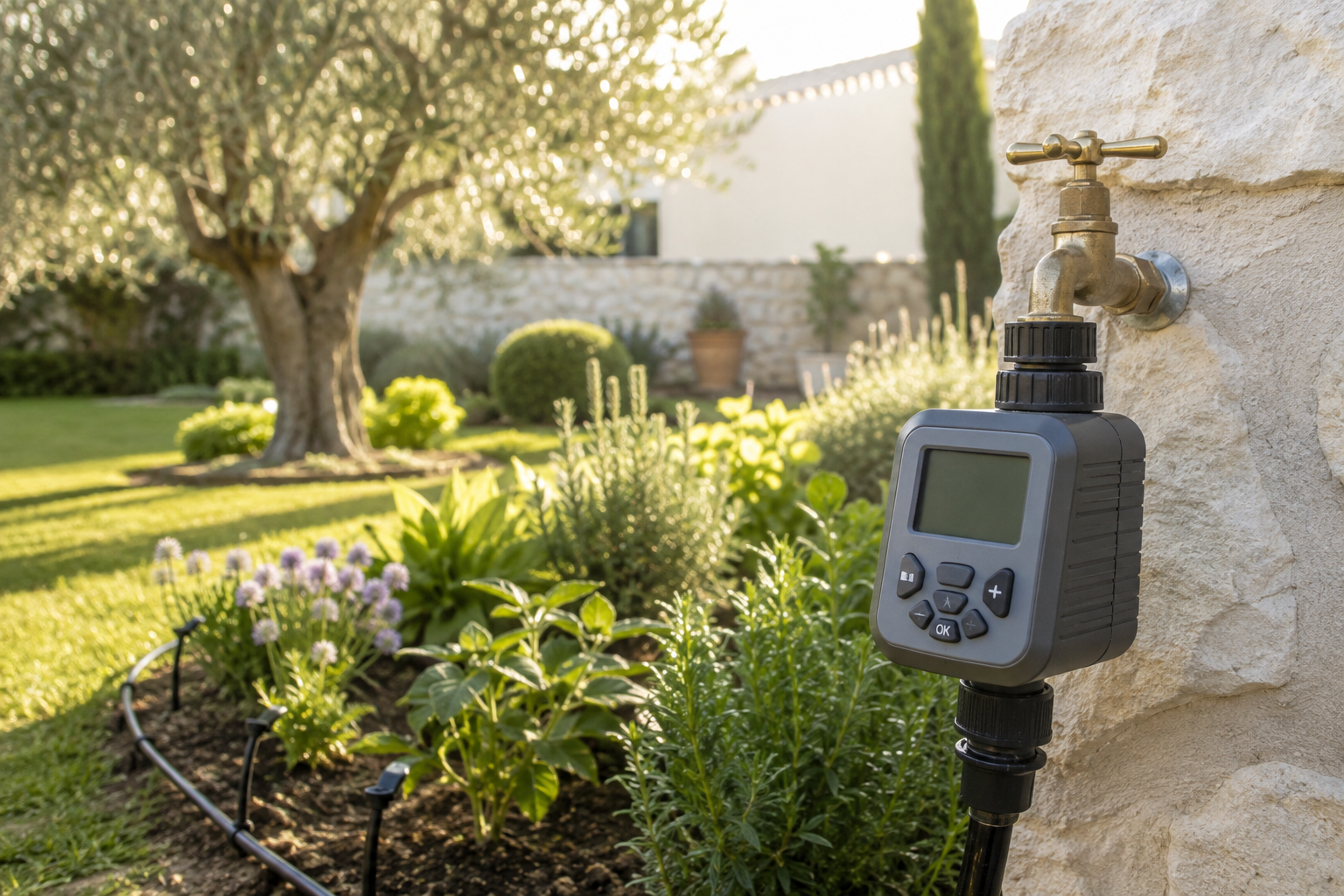 Programador de riego automático instalado en un jardín