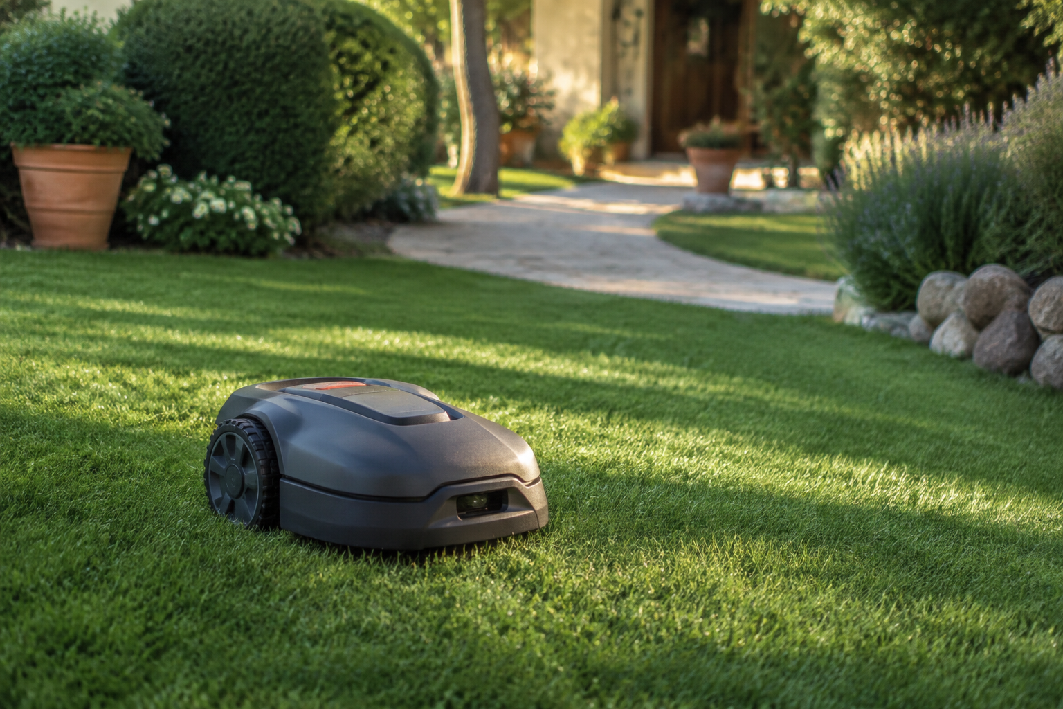 Robot cortacésped automático trabajando en un jardín