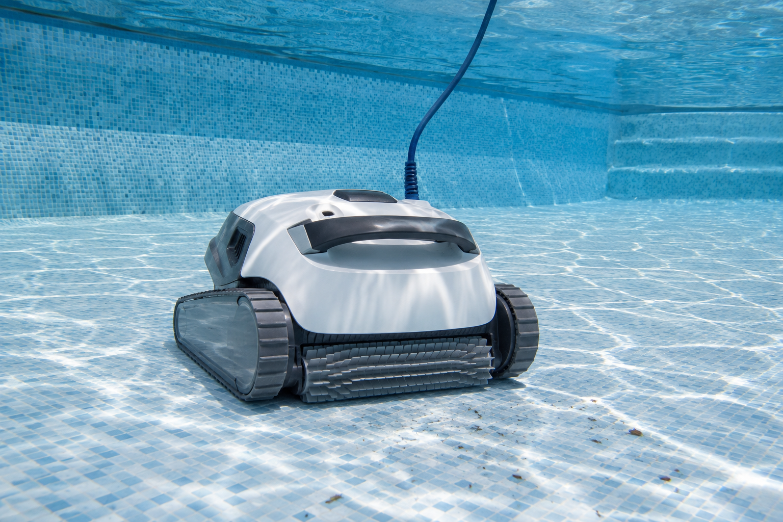 Robot limpiafondos eléctrico limpiando el fondo de una piscina